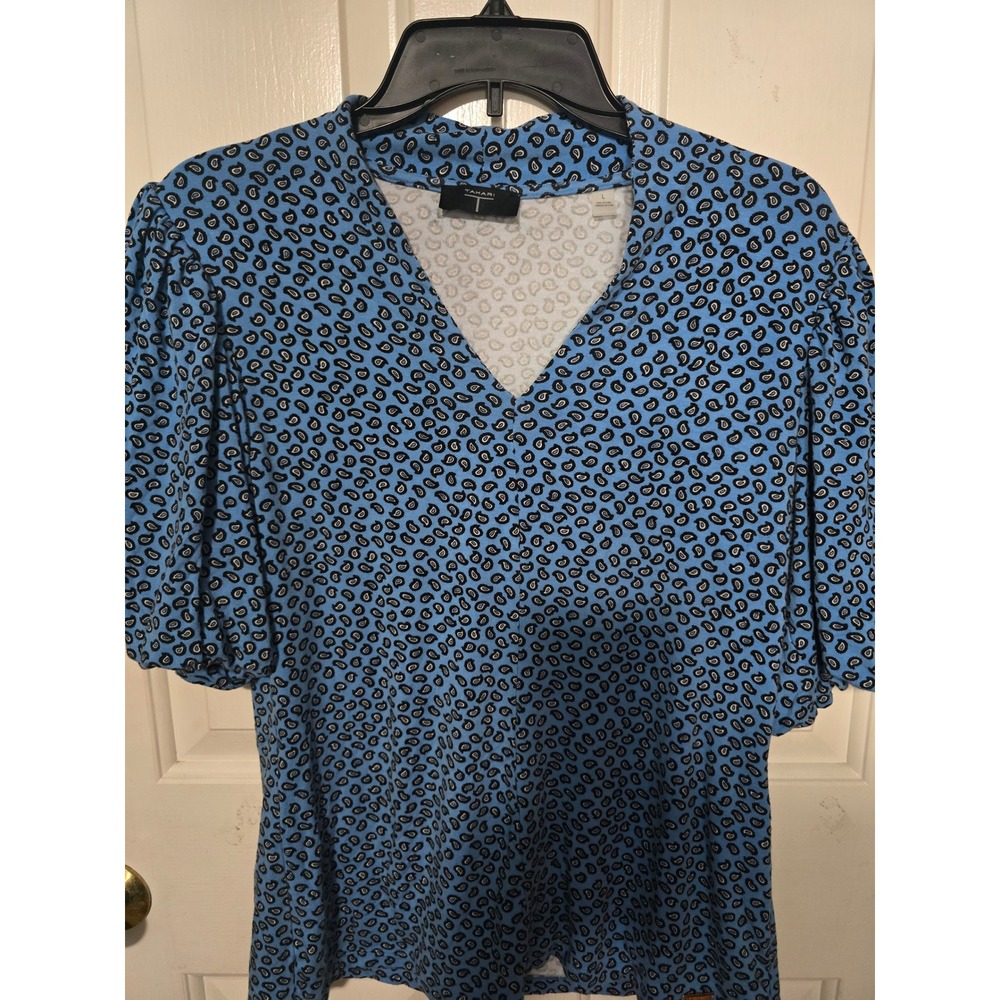 Tahari T Womens Blue Paisley V-Neck Puff Short Sleeve Blouse Top Large L